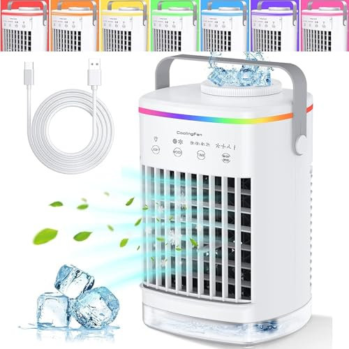 Portable Air Cooler, 3-in-1 Air Cooler, Mini Air Conditioner With 4 Wind Speed & 7 Colour Lights & 700ml Water Tank&2-8H Timer, Personal Evaporative Air Conditioner Fan for Home, Office, Bedroom