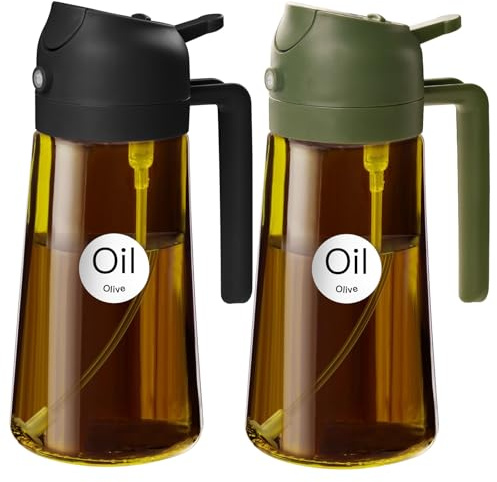 YARRAMATE 2 Stück 470ml Ölsprüher zum Kochen, 2-in-1 UV Schutz ölzerstäuber für die Küche, Bernstein Glasölflasche, Lebensmittelechter Sprühflasche für die BBQ (schwarz & olivgrün)