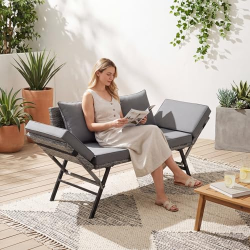Clevich Gartenbank Polyrattan Wetterfestes, Polyrattan-Möbel 2-Sitze, mit Liegefunktion, Rattan Gartensofa mit Verstellbare Armlehnen, Gartenbank Wetterfest, für Balkon,Terrasse, Garten, Grau