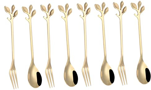 Sosoport 6 Pcs Stainless Steel Leaf Shaped Fork and Spoon Creative Leaf Flower Design Reusable Cutlery for Dessert Ice Cream Fruit Home Restaurant Hotel Golden Finish