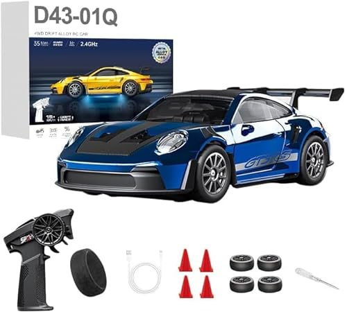 1:43 RC Drift Car 20KM/H with Gyro, 2.4G 4WD Full Proportional Alloy Sport Racing Car, Adjustable Speed, LED Lighting for Teens & Adults-D43-01