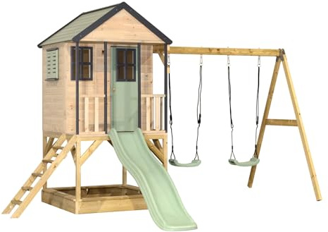 Wendi Toys M60PGN Cabane sur Pilotis avec Toboggan et Double Balançoire, Maison de Jeu en Bois FSC pour Enfants Jardin Extérieur, Plateforme 90 cm, Toboggan, Bac à Sable, Résistant aux Intempéries