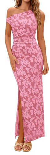 PRETTYGARDEN Womens Floral One Shoulder Maxi Dress 2026 Summer Spring Bodycon Ruched Side Slit Elegant Cocktail Party Dresses (Pink,X-Large)