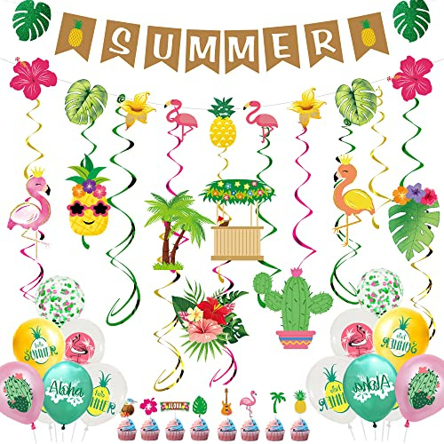 Buscando Hawaiian Tropical Party Decorations - Hanging Swirl Summer Decorations Hawaiian Bunting Banners Balloons Summer Holiday Beach Aloha Garden Birthday Party Decorations Home Decor