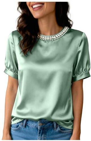 Generico Camicetta Donna Raso Elegante Maniche Corte Girocollo Tinta Unita Morbida Leggera Blusa Basic Casual per Ufficio Lavoro Riunioni Uscite E Tempo Libero