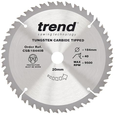 Trend Wood Circular Saw Blade, 184mm Diameter, 20mm Bore, 40 Teeth, 2.6mm Kerf, +15° Hook, TCT, Fine Finish, CSB/18440B | Ideal For Clean Crosscuts In Wood, With 2.6mm Kerf And +15° Hook For Fast Cutting, CSB/18440B