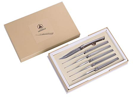 LAGUIOLE - Set mit 6 Design-Tischmessern - Edelstahl, Zebra-Holzgriff - Schlankes Design für einen trendigen Tisch