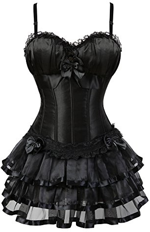 Grebrafan Gothic Padded Cup Boned Corsets with Multi Layer Skirt S Black
