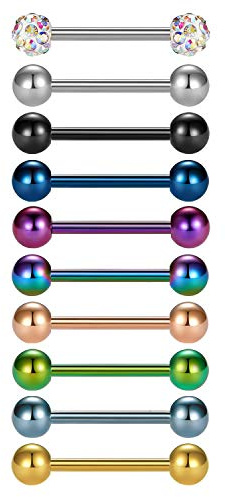 Briana Williams 10er Zungenpiercing Set Brustwarzenpiercing Barbell Edelstahl 12/14/16/18mm Piercing Schmuck