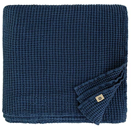 Linen & Cotton Plaid Decke Sommer Tagesdecke Waffelpique Enzo - 48% Leinen, 52% Baumwolle, Dunkelblau (150 x 210 cm) Leinendecke Baumwolldecke Wohndecke Blanket Überwurf Bett Bettwäsche Bettüberwurf