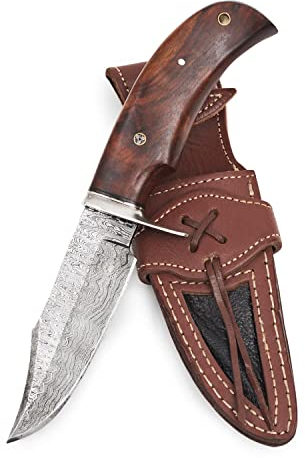 BIGCAT ROAR Couteau de chasse en Acier de Damas fait main - Couteau de chasse à lame fixe avec étui et manche en bois de noyer - 25,4 cm EDC Skinning Knife - Bear Hunter