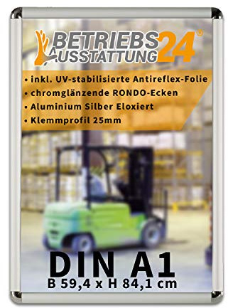 Betriebsausstattung24 Plakatrahmen mit Klemmrahmen - Alu Klapprahmen - 25mm Aluminium Profil - inkl. entspiegelter Schutzfolie abgerundete Ecken (Chromglänzend), DIN A1 HxB 84,1x59,4 cm