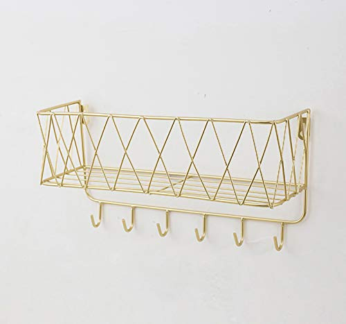 RAILONCH Wandregal Schweberegal mit Metallgitter,Wandregal mit Haken, Handtuchhalter, Wandgarderobe Schwimmende Wohnkultur (Golden,6 Haken)