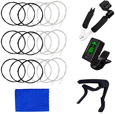 Classical Guitar Strings Nylon Black 3 Full Sets with Tuner, 3 in 1 Restringing Tool, Capo, Cleaning Cloth