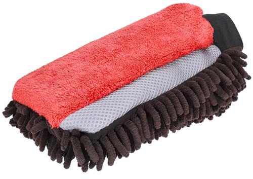 Nuke Guys - 3in1 Mikrofaser Waschhandschuh für die sanfte Autowäsche; Chenille - Insektenmesh - Microfaser (rot)