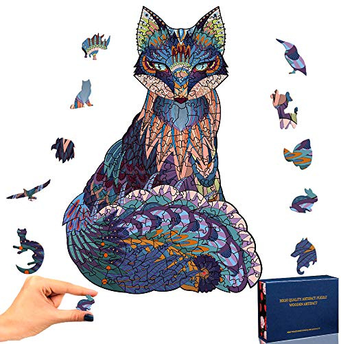 TOLOYE Holzpuzzle für Erwachsene und Kinde, Fuchs Puzzle Holz 100 Teile Bunt Einzigartige Tierform, Holz Puzzle Erwachsene, Familienspiel Geschenk Weihnachten 16 * 26.3cm