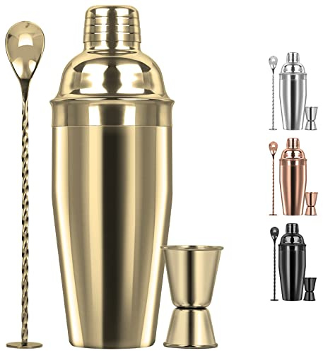Tiawudi Large 24oz Cocktail Shaker Set, Stainless Steel 18/8 Martini Mixer Shaker with Built-in Strainer, Measuring Jigger & Mixing Spoon, Martini Shaker Set, Perfect for Bartender and Home Use, Gold