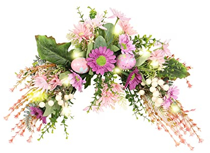 HJHIWE Oster-Chrysanthemen-Girlande, Frühlings-Osterei-Kranz mit künstlichen Blumen und grünen Blättern, Kranz für Zuhause, Haustür, Innen- und Außendekorationen