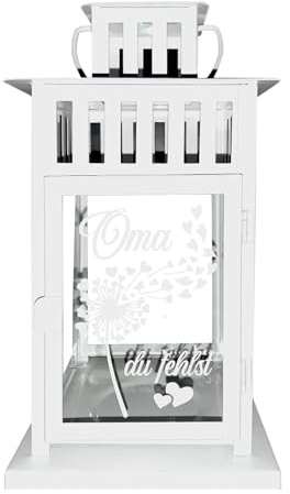 Kilala Trauer Laterne Outdoor, Grablicht personalisiert, Trauerlicht 28 cm, Gedenklicht für Verstorbene mit Schriftzug Oma Pusteblume