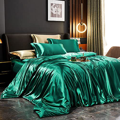AShanlan Satin Bettwäsche 135x200 Dunkelgrün Glänzend Bettwäsche-Sets Glatt Angenehm Glanzsatin Seiden Bettbezug 135 x 200 + Kissenbezug 80x80 cm mit Reißverschluss