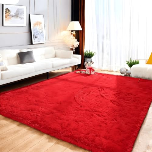 Lanyesky Hochflor Teppich Wohnzimmer Super weich Shaggy Teppich Flauschiger,Soft Area Rug Schlafzimmer Teppiche Super weich Fluffy Kindermatte Carpet (rot., 80x160cm)