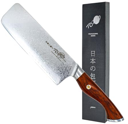 Totiko Coltello Professionale in Acciaio Damasco, Coltello da Cucina Professionale Giapponese da Verdura, Lama da 15cm, Nakiri Damascato, Manico in Legno di Rosa - Toyotomi Japan Knives