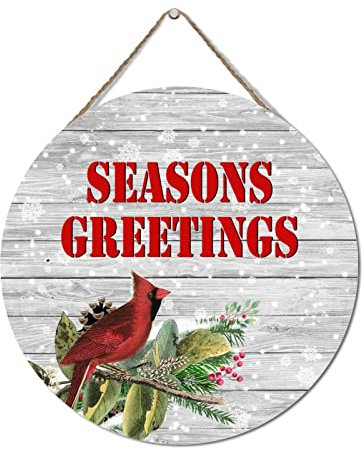 Holzschild mit Aufschrift Christmas Season's Greetings, Tier, Kardinal, Stechpalme, Pflanze, Tannenzapfen, Hängeschild, Küchendekoration, rustikale Holzschilder, Holzpaletten,