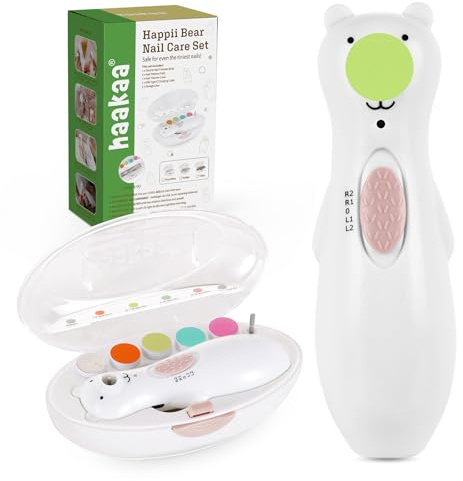 haakaa Rechargeable Baby Nail File Baby Nail Trimmer Electric with LED Light, Rechargeable Baby Nail Clippers for Newborn/Adults Toes and Fingernails, Additional Replacement Heads & Charging Cable