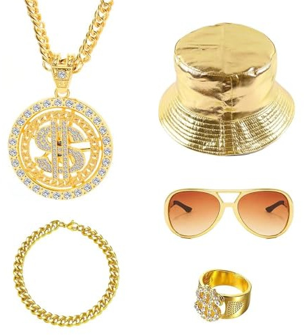 CHEVVY Hip Hop Kostüm Set 5 Stücke Goldener Fischerhut Dollar Anhänger Kette Ring Sonnenbrille mit Farbverlauf 80 90er Jahre Zuhälter Kostüm für Fasching Themenpartys Rollenspiel
