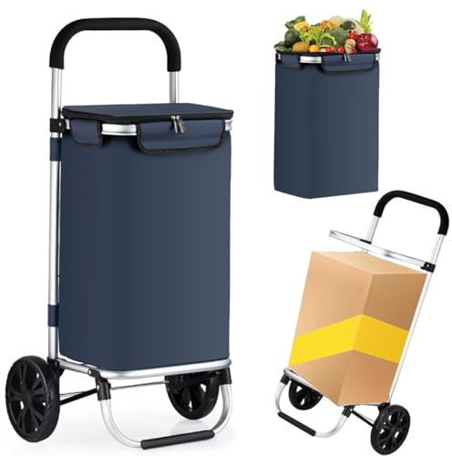SADOMAIN Einkaufstrolley klappbar mit 45L Kapazität und belastbar bis 40kg, Faltbarer Einkaufswagen mit 2 großen Rädern, Treppensteigerfähig, in Blau