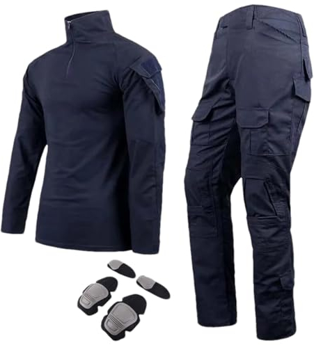 ZMIN Militäruniform Hemd + Hose mit Knie- Ellbogenschützer Paintball Tactical Ghillie Anzug Camo Jagdbekleidung Dark blie XS