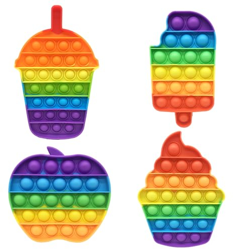 Cuackamily 4 Packs Pop Bubble Fidget Toy Set, Silikon Regenbogen Sensorisches Spielzeug, Eiscreme*2,Apfel,Becher, Relief Angst Autismus Antistress Geburtstag Gastgeschenke für Kinder und Erwachsene