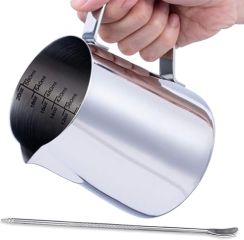nanologi Milchkännchen, 600ml Milchkanne Edelstahl mit Messung Mark und Latte Art Stift, Barista Zubehör Kaffee Milch Kännchen für Espresso Cappuccino - Silber