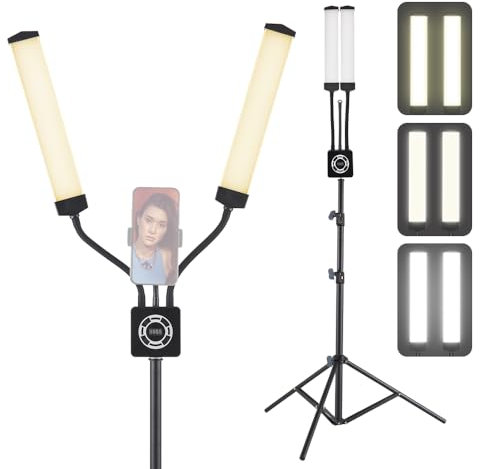 Andoer Juego de Luces LED de 50W, 3200K-5600K de Doble Brazo de Relleno LED, iluminación de estudioon Clip para teléfono, trípode y Control Remoto para fotografía Maquillaje pestañas Cejas Tatuajes