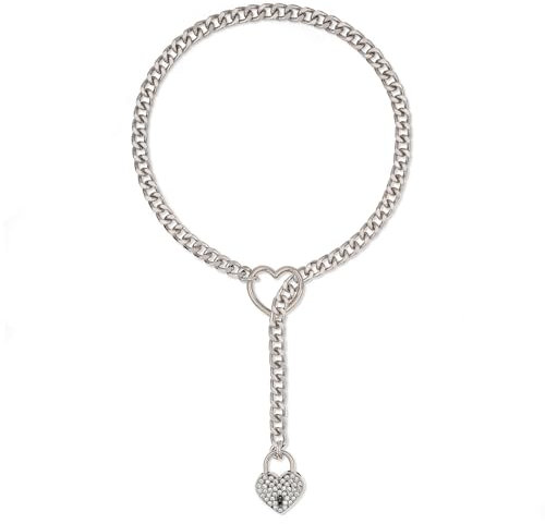 ADEMISHIA Women Slip Chian Necklace With Padlock, Punk Gothic Gold Cuban Chain Necklace With Heart-shape Lock Adjustable Lariat Y-Necklace For Women Size 24” 28” (Silver, 24)