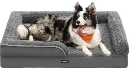 Feandrea Cuccia Cane Interno, Cuccia per Cani, Lettino per Animali, Ortopedico con Gommapiuma Ondulata, Bordi Rialzati, Copertura di Peluche Sfoderabile,106 x 81 x 18 cm, Grigio Ardesia PGW253G02