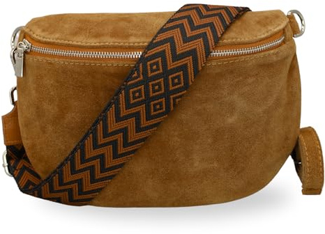 Brise Art AFIA Suede Bauchtasche Wildleder Handgefertigt Crossbody Bag | Damen Umhängetasche, Echtes Wildleder, Schultertasche mit Ledergurt & wahlweise gemustertem Riemen, 3 Fächer, Made in Italy