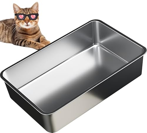 Vealind Offene Edelstahl‑Katzentoilette, Metall‑Katzenklo für große und kleine Katzen, geruchsfrei, leicht zu reinigen, 50L x 35B x 15H cm