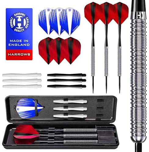 Harrows Caliber 90% Tungsten Steel Tip Darts Set I 21g bis 30g Alle Gewichte verfügbar I Riesiges 16-teiliges Bundle mit Ersatzschäften, Prime Flights & Reiseetui