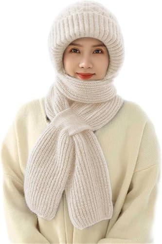 YJWZ Integrierter Gehörschutz Winddichte Mütze Schal,2 in 1 Winddichter Mützenschal Niedlich Mütze Schal Set Damen mit Brosche Winter Warm Strickmütze, Kapuzenschal für Frauen