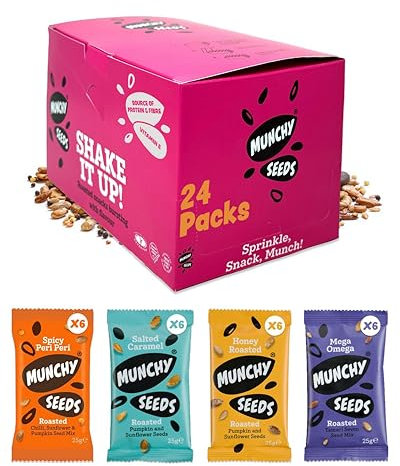 MUNCHY SEEDS Variety Pack - Honey Roasted, Peri Peri, Mega Omega, Salted Caramel - 24-Packs x 25g - Nutritious Seed Mixes Perfect for Lunchboxes and Snacking (6 Pcs Per Flavour) - Gluten-Free Snacks