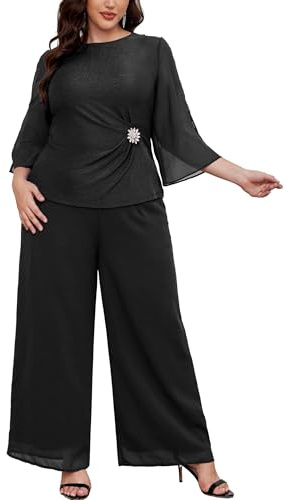 AOVDE Plus Size Dressy Pant Suit: Mother of Bride 2 Piece Chiffon Pantsuit for Women Sequin Wedding Guest Party Outfit Matte Black 16