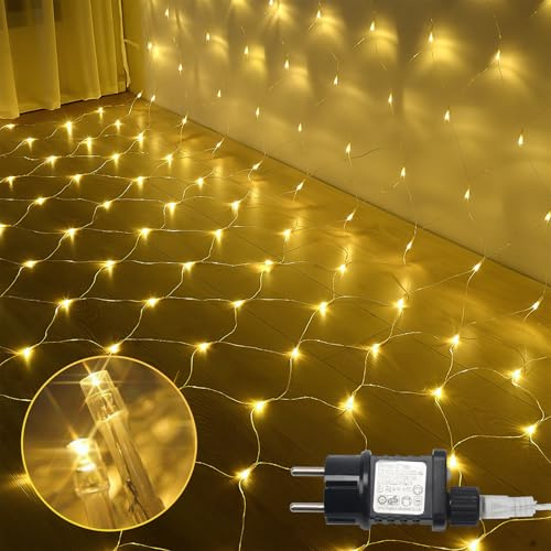 Ansobea LED Lichternetz Außen Warmweiß, 1.5x1.5m, 96 LEDs, Wetterfest, IP44, 8 Modi, Weihnachtsbeleuchtung für Garten und Balkon