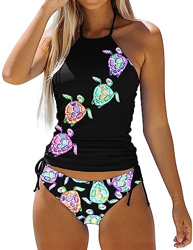 Generisch 2025 - Conjunto de Traje de Baño de Dos Piezas para Mujer Tortuga Marina Coco Puesta De Sol Estampado Conjunto De Dos Piezas Bikini Playa Camiseta sin Mangas Retro, M, M