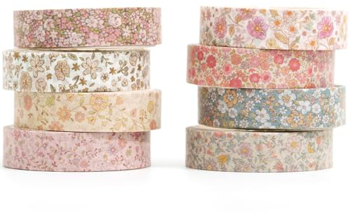 YUBX Vintage Washi bandset 8 rullar tunna retro dekorativa antika mönster maskeringstejp för konst, gör-det-själv-hantverk, tidskrifter, planerare, klippbok, inslagning (små blommor)