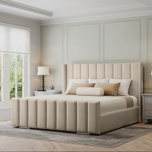 Furnishion Vienna Wingback King Size Bed Frame 5ft, Modern Plush Velvet Upholstered Panelled Design, Luxury King Size Beds for Stylish Bedrooms, Strong 5ft Bed Frame with Wooden Slats in Cream Plush