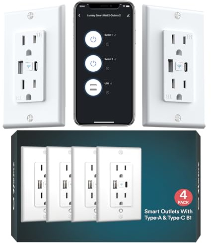 Lumary Smart USB Outlet with Type-C & USB-A Ports, WiFi in-Wall Outlet Compatible with Alexa & Google Home, Remote & Voice Control, Timer, FCC Certified, Tamper-Resistant, 4 Pack
