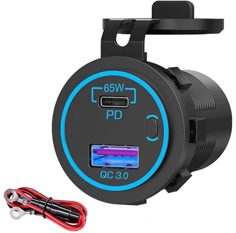 Intckwan 12V USB-Steckdose, 83W, Zweiport-Ladegerät mit simultaner Schnellladung (QC3.0 18W + PD 65W) und EIN-/Ausschalter, USB-Einbaubuchse für 12–24V Auto, LKW, Boote, Wohnwagen