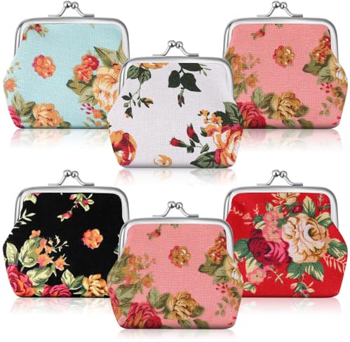 SilTriangle 6 Pack Floral Canvas Small Coin Purse Mini Change Purse Coin Pouch Cash Wallet for Men Women Credit Card Lipstick(Fresh Color)