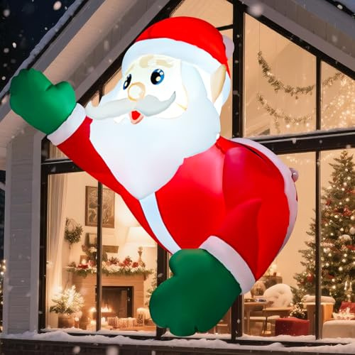 Lgnitek 2025 Papá Noel Inflable Saludando para Ventana,0.8M Decoración Navideña con Ventosa,Figura Hinchable Navideña Luz LED, Adorno Inflable para Interior/Exterior(0.8M Papá Noel Inflable)